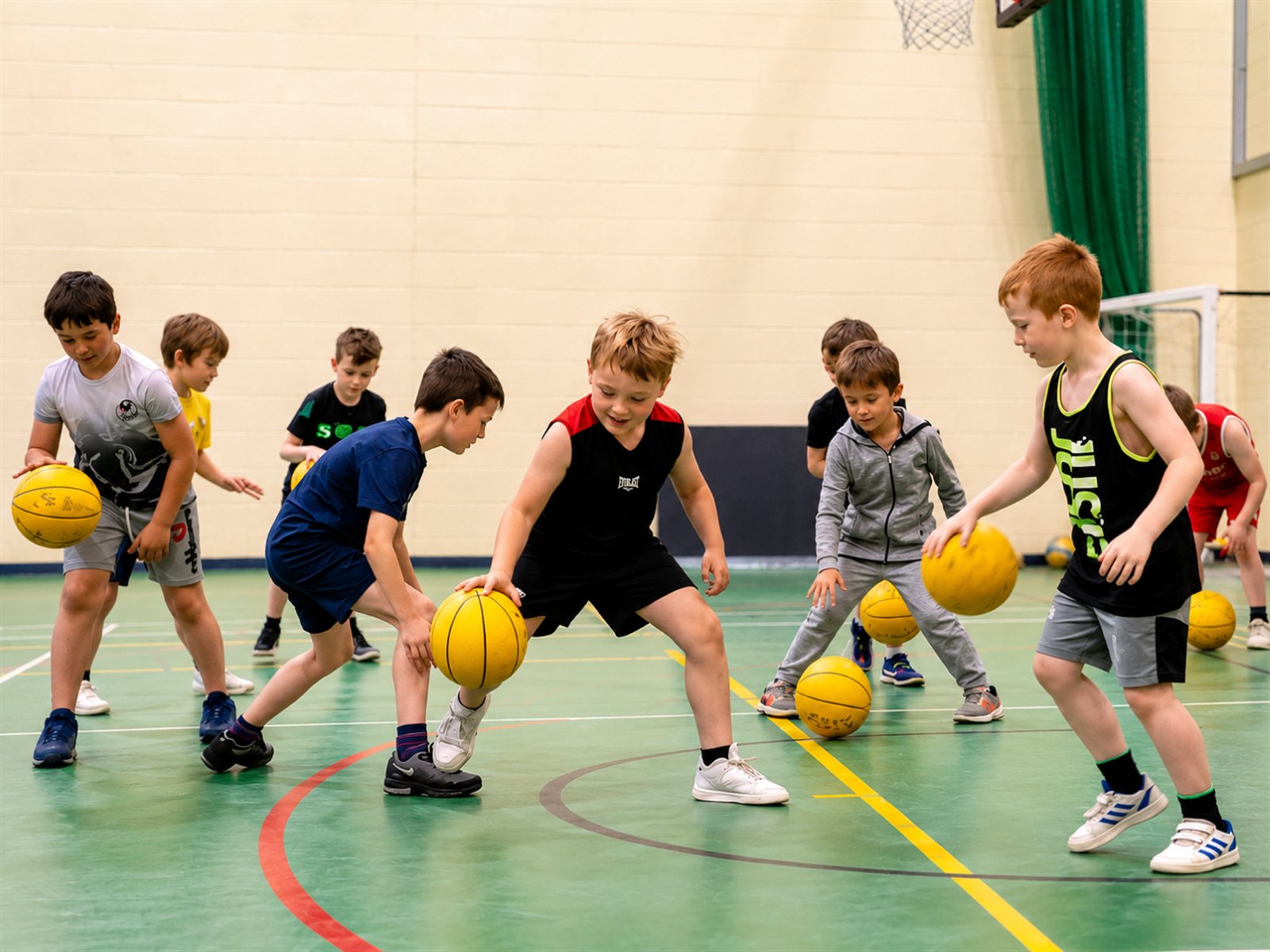 Young players practising basketball skills together